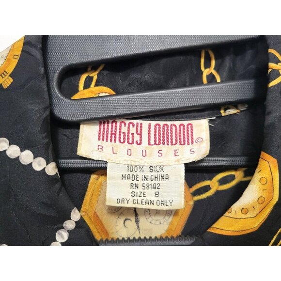 Vintage MAGGY LONDON Silk Blouse Gold Chain Pocket Watch Print - Picture 10 of 11